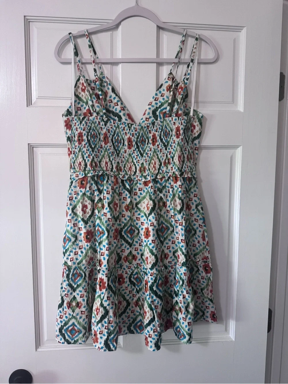 Printed Spaghetti-Strap Mini Dress in White with Green & Rust Pattern NWOT